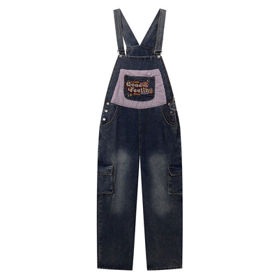 Embroidery Patchwork Denim Cargo Overalls