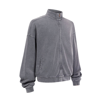 Vintage Zip-Up Ribbed Stand Collar Sweatshirt