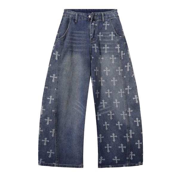 Cross Print Wide Leg Denim Jeans
