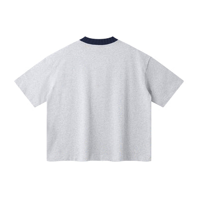 Oversized Color-Block Ribbed Collar Comfortable Tee