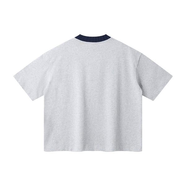 Oversized Color-Block Ribbed Collar Comfortable Tee