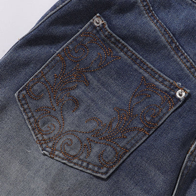 Front Pocket Embroidered Washed Wide Leg Jeans