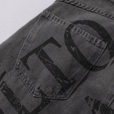 Wide Leg Black Bold Letter Print Jeans