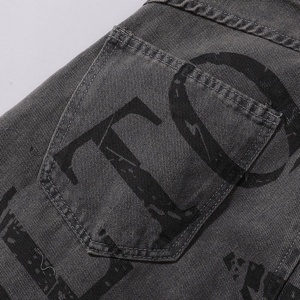 Wide Leg Black Bold Letter Print Jeans