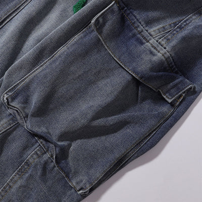 Embroidered Patch Denim Cargo Jeans with Striped Detail