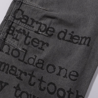 Wide Leg Black Bold Letter Print Jeans