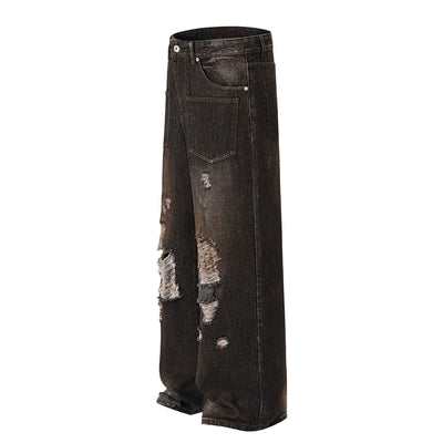 Acid Wash Destroyed Wide-Leg Jeans