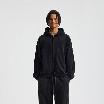 Vintage Washed Oversized Zip Up Distressed Hoodie