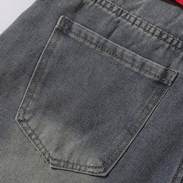 Plaid Trim Star Patched Wide Leg Denim Jeans