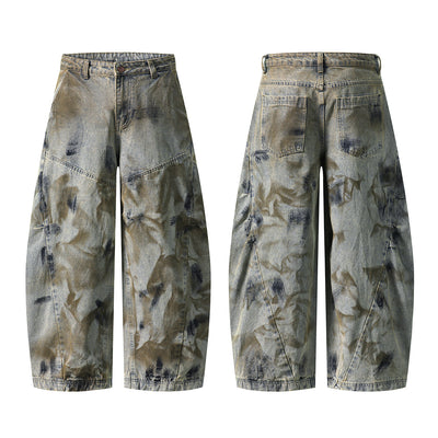 Vintage Tie-Dye Barrel-Leg Distressed Jeans