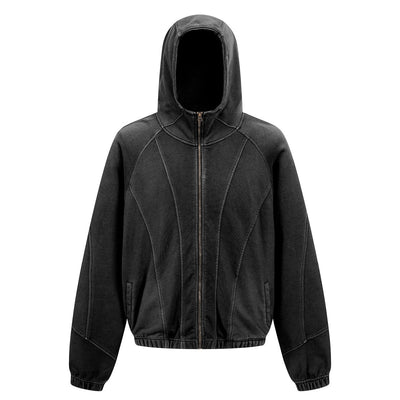 Vintage Washed Oversized Curved Stitch Zip Hoodie