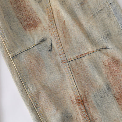 Muddy Wash Panel Stitching Barrel-Leg Jeans
