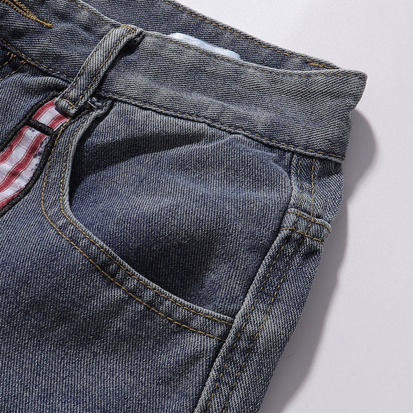 Embroidered Patch Denim Cargo Jeans with Striped Detail