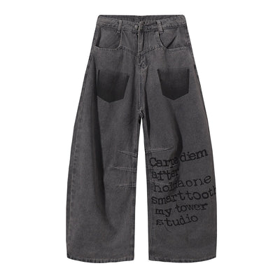 Wide Leg Black Bold Letter Print Jeans