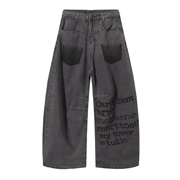 Wide Leg Black Bold Letter Print Jeans