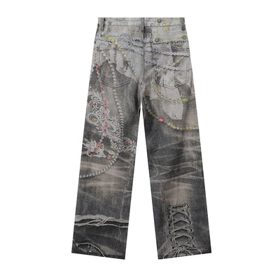 Digital Print Vintage Style Faux Denim Jeans