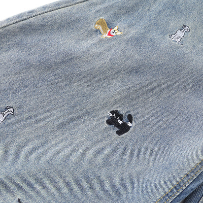 Washed Faded Dog-Embroidered Barrel-Leg Jeans