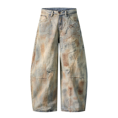 Muddy Wash Panel Stitching Barrel-Leg Jeans