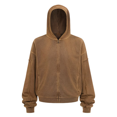 Vintage Washed Oversized Zip Up Distressed Hoodie