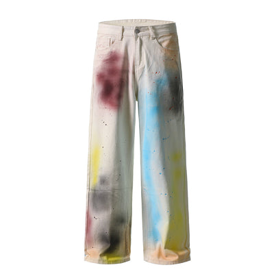 Artistic Paint-Splatter Wide-Leg Jeans
