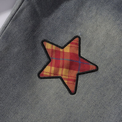 Plaid Trim Star Patched Wide Leg Denim Jeans