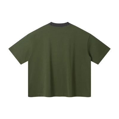 Oversized Color-Block Ribbed Collar Comfortable Tee
