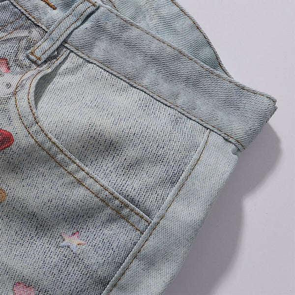 Vintage Digital Print Faux Denim Jeans