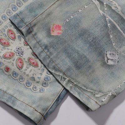 Digital Print Vintage Style Faux Denim Jeans