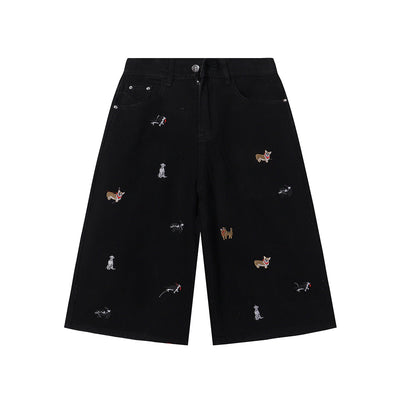 Dog Embroidery Design Vintage Washed Denim Shorts