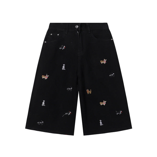 Dog Embroidery Design Vintage Washed Denim Shorts