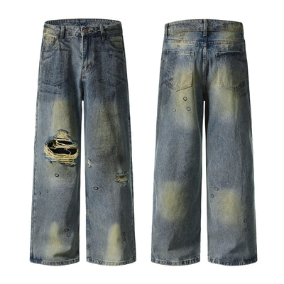 Vintage Washed Ripped Wide-Leg Jeans