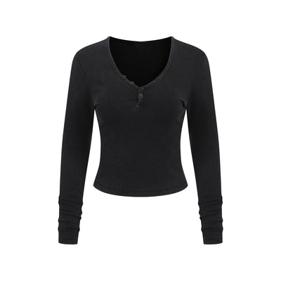 Long-Sleeve Ribbed Henley Top 275gsm