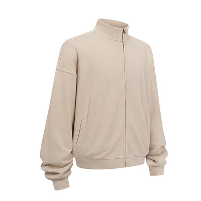 Vintage Zip-Up Ribbed Stand Collar Sweatshirt