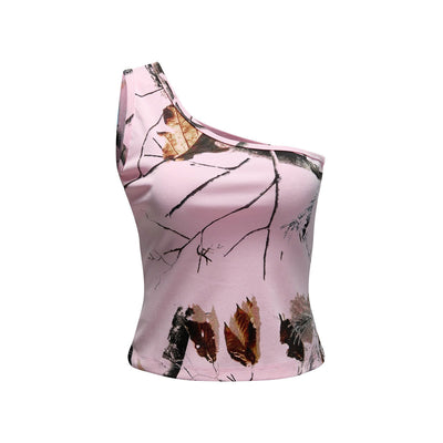 Pink Camo Leaf Print Single Shoulder Comfort Tank