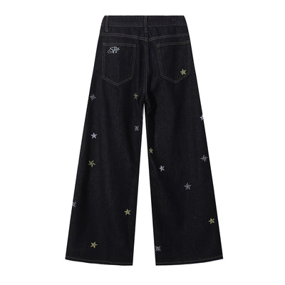 Celestial Star Embroidery Faded Wide Leg Jeans