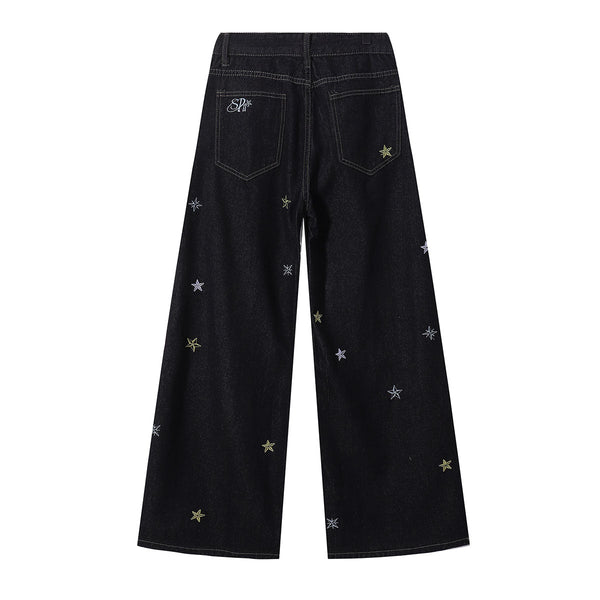 Celestial Star Embroidery Faded Wide Leg Jeans