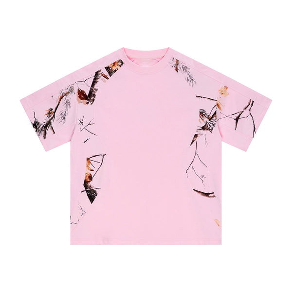 Pink Camo Raglan Sleeve Nature Print Casual Tee