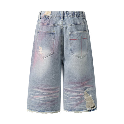 Tie-Dyed Raw Hem Ripped Bermuda Shorts