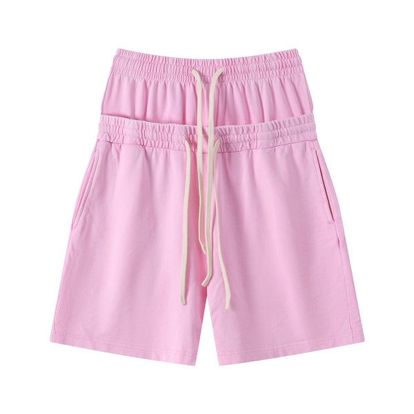 Double Waistband Snow Washed Distressed Shorts