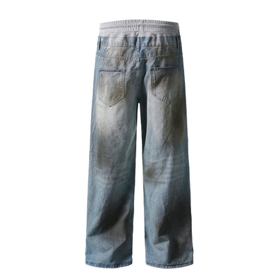 Vintage Wash Double-Waistband Ripped Jeans