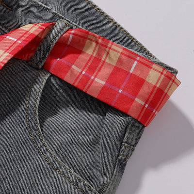 Plaid Trim Star Patched Wide Leg Denim Jeans