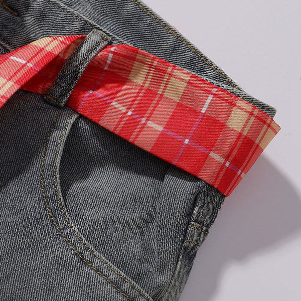 Plaid Trim Star Patched Wide Leg Denim Jeans