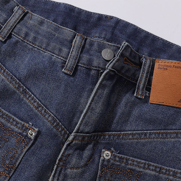 Front Pocket Embroidered Washed Wide Leg Jeans
