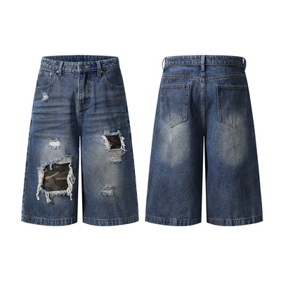 Ripped Patchwork Camo Denim Bermuda Shorts