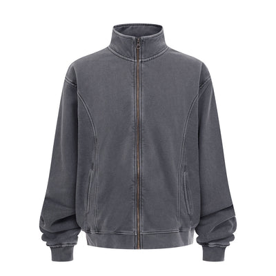 Stand Collar Panel Detail Washed Zip Up Sweatshirt