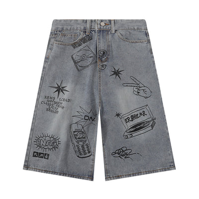 Street Style Graphic Print Relaxed Denim Shorts