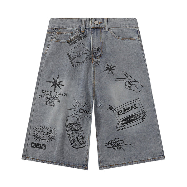 Street Style Graphic Print Relaxed Denim Shorts