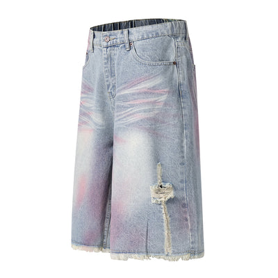 Tie-Dyed Raw Hem Ripped Bermuda Shorts