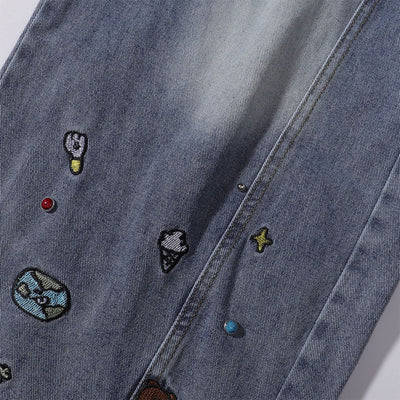 Embroidered Blue Wide Leg Distressed Denim Jeans