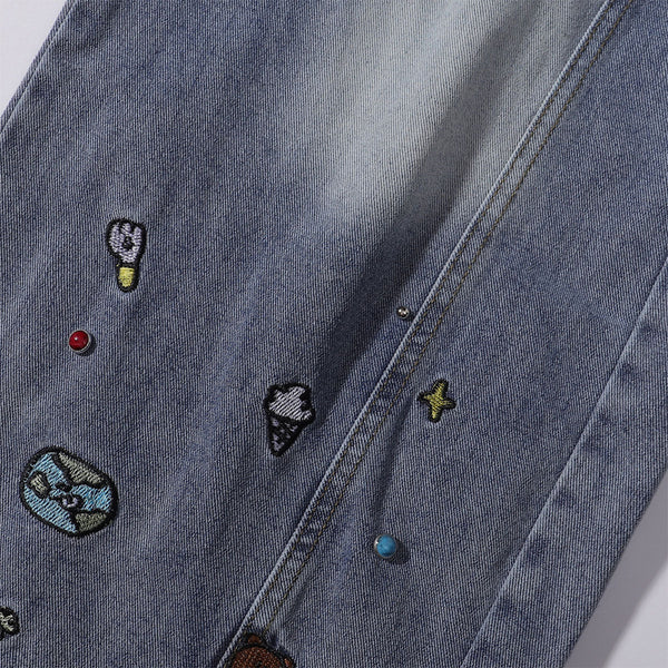 Embroidered Blue Wide Leg Distressed Denim Jeans